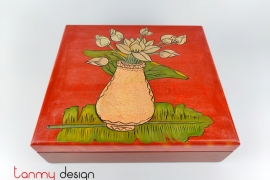 Orange rectangle lacquer box hand painted with vase  27*30cm